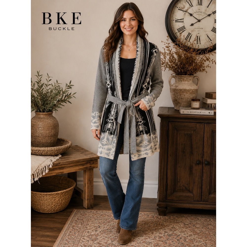 BKE Gilded Aztec Metallic Knit Belted Cardigan Sweater Gray Black White M